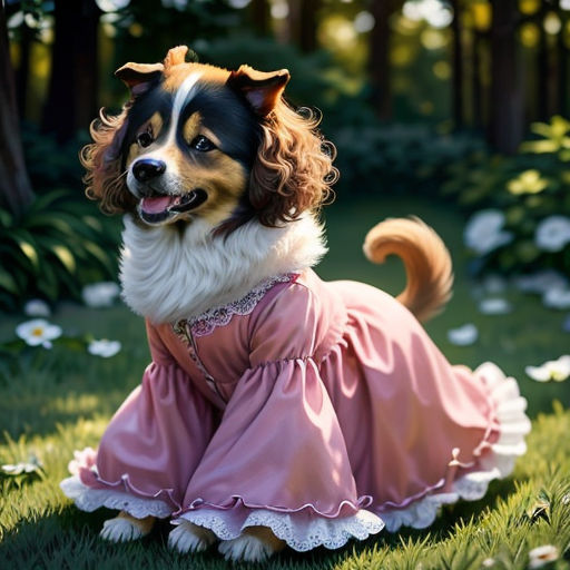 a dog dressed in a pink dress sitting in the grass with a frisbee in its mouth and a dog in the background