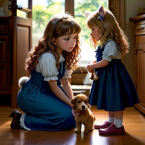 two little girls are playing with a dog in a room with a window and a dresser and a dog
