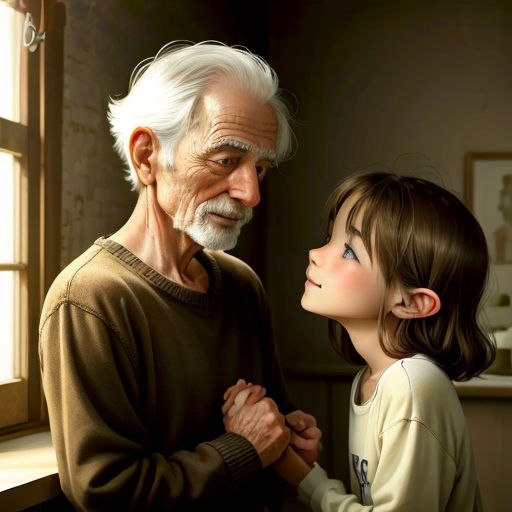 a painting of an older man and a young girl standing next to each other in front of a window