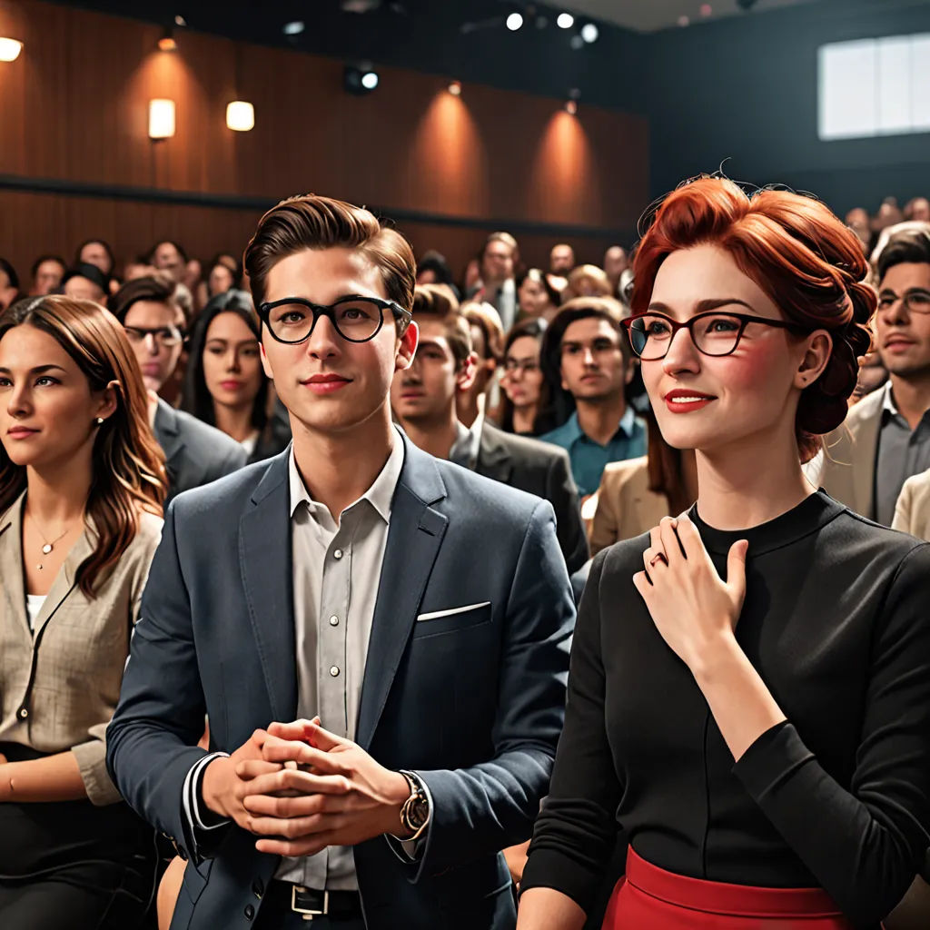 a group of people standing in front of a crowd of people in a room with a microphone in their hands, academic art, a stock photo, Barbara Greg, promotional image