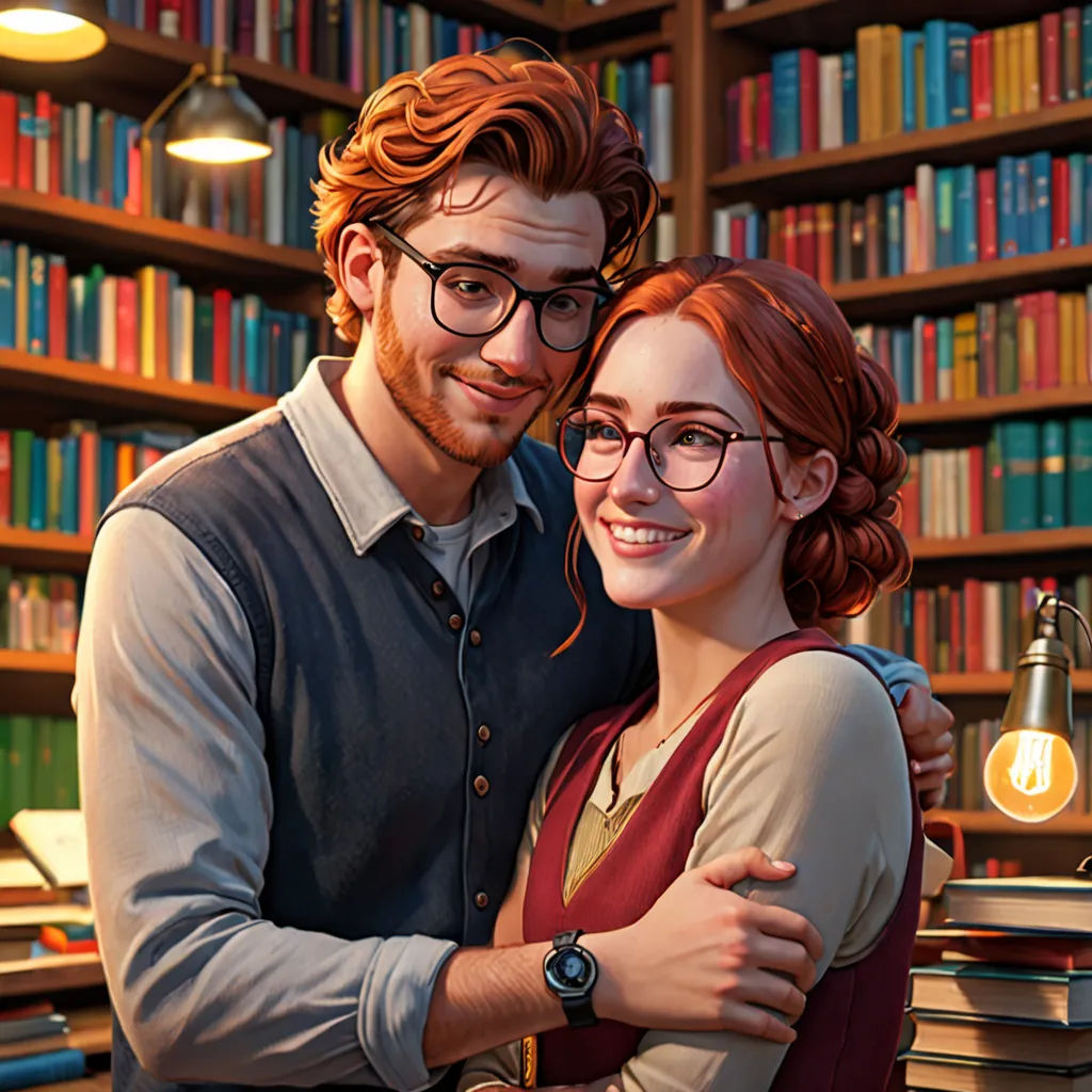 a man and woman are hugging in front of a book shelf with books on it and a lamp in the corner, academic art, computer graphics, Alton Tobey, ultra realistic illustration