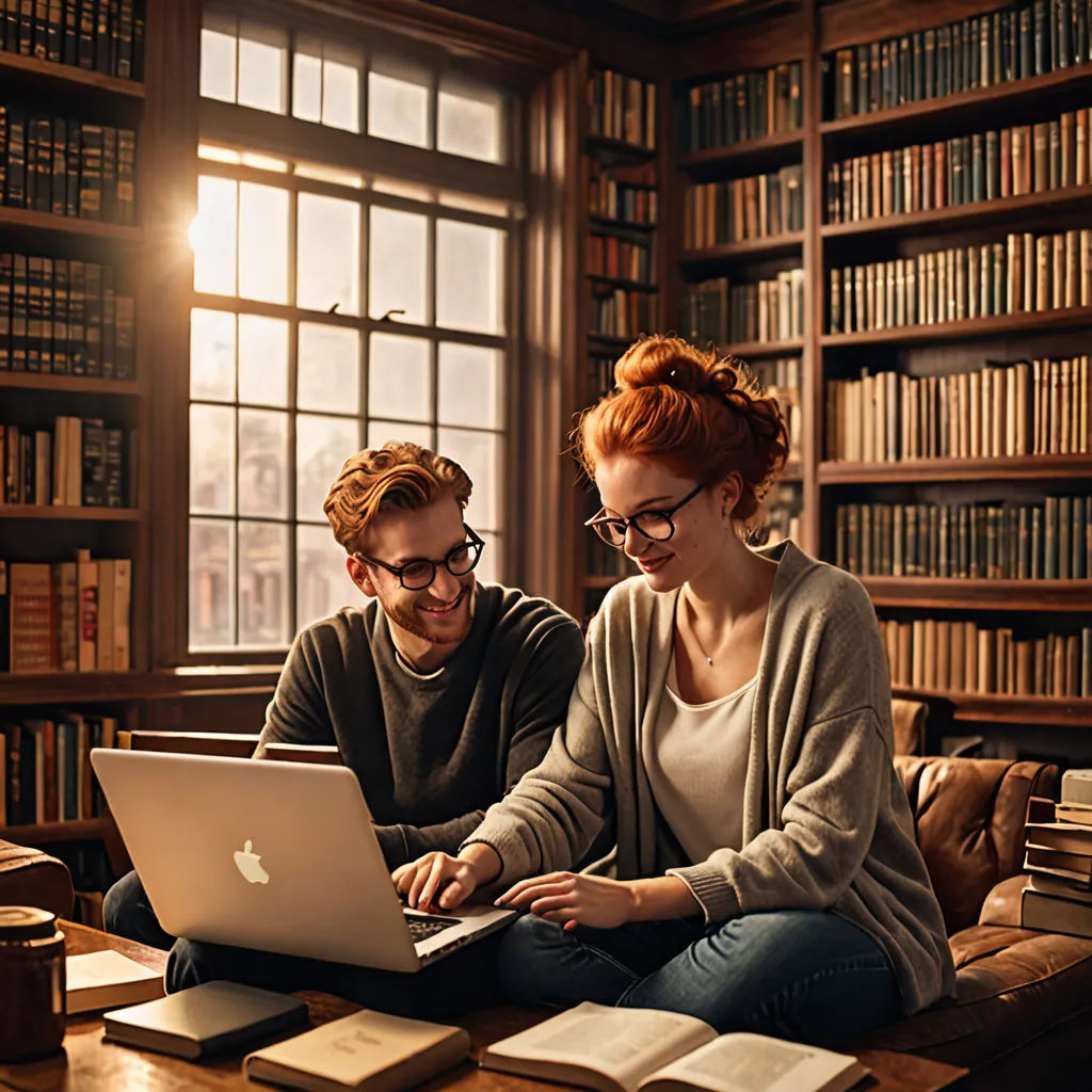 a man and woman sitting on a couch looking at a laptop computer in a library with books on the shelves, academic art, a stock photo, Art & Language, affinity photo