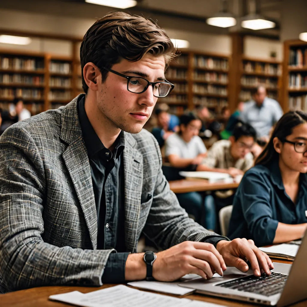 a man sitting at a table using a laptop computer in a library with people sitting at tables in the background, academic art, a stock photo, Bourgeois, j. c. leyendecker 8 k