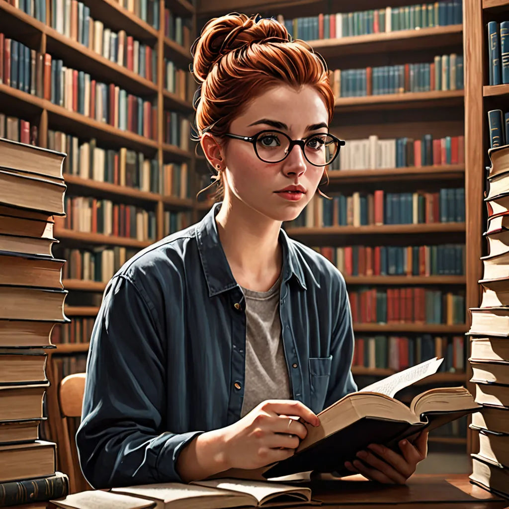 a woman sitting at a table with a book in front of her and a stack of books behind her, academic art, a hyperrealistic painting, Artgerm, highly detailed digital painting
