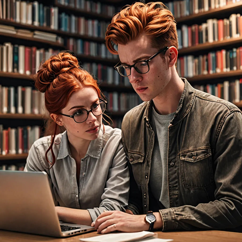 a man and woman looking at a laptop computer in a library with bookshelves behind them and a laptop on the table, academic art, a stock photo, Art & Language, affinity photo