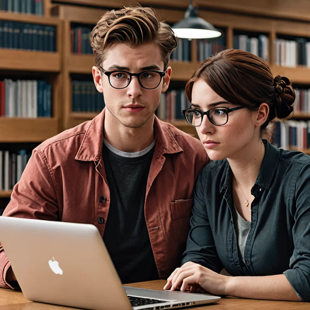 a man and woman sitting at a table with a laptop computer in front of them, both looking at the screen, academic art, a computer rendering, Christian W. Staudinger, glasses