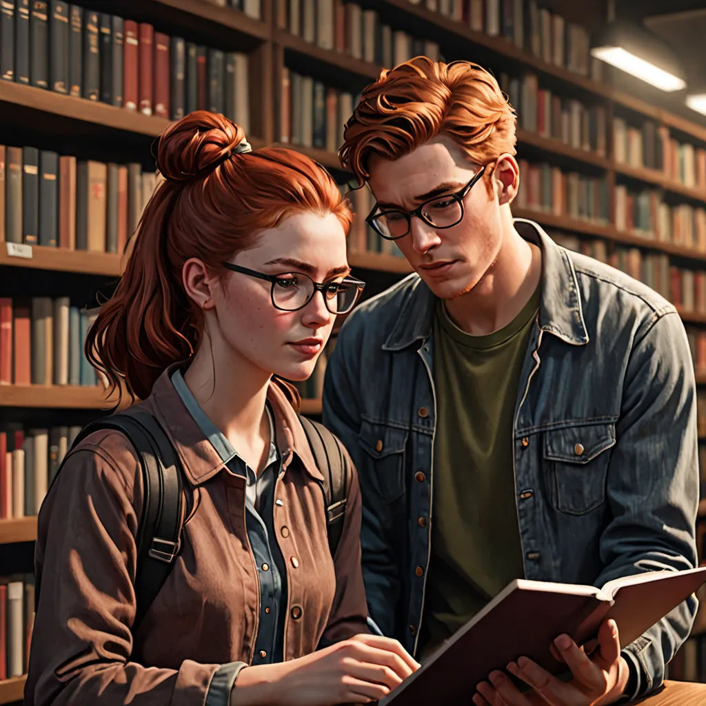 a man and a woman looking at a book in a library together, with a book on the table, academic art, a hyperrealistic painting, Evgeny Lushpin, ultra realistic digital art