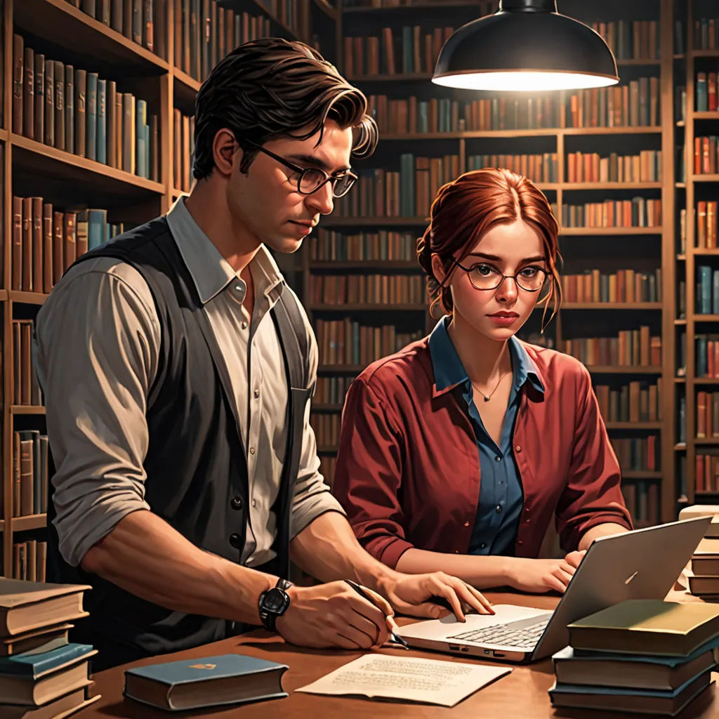 a man and a woman are working on a laptop in a library with bookshelves and a lamp, academic art, a detailed painting, Evgeny Lushpin, ultra realistic illustration