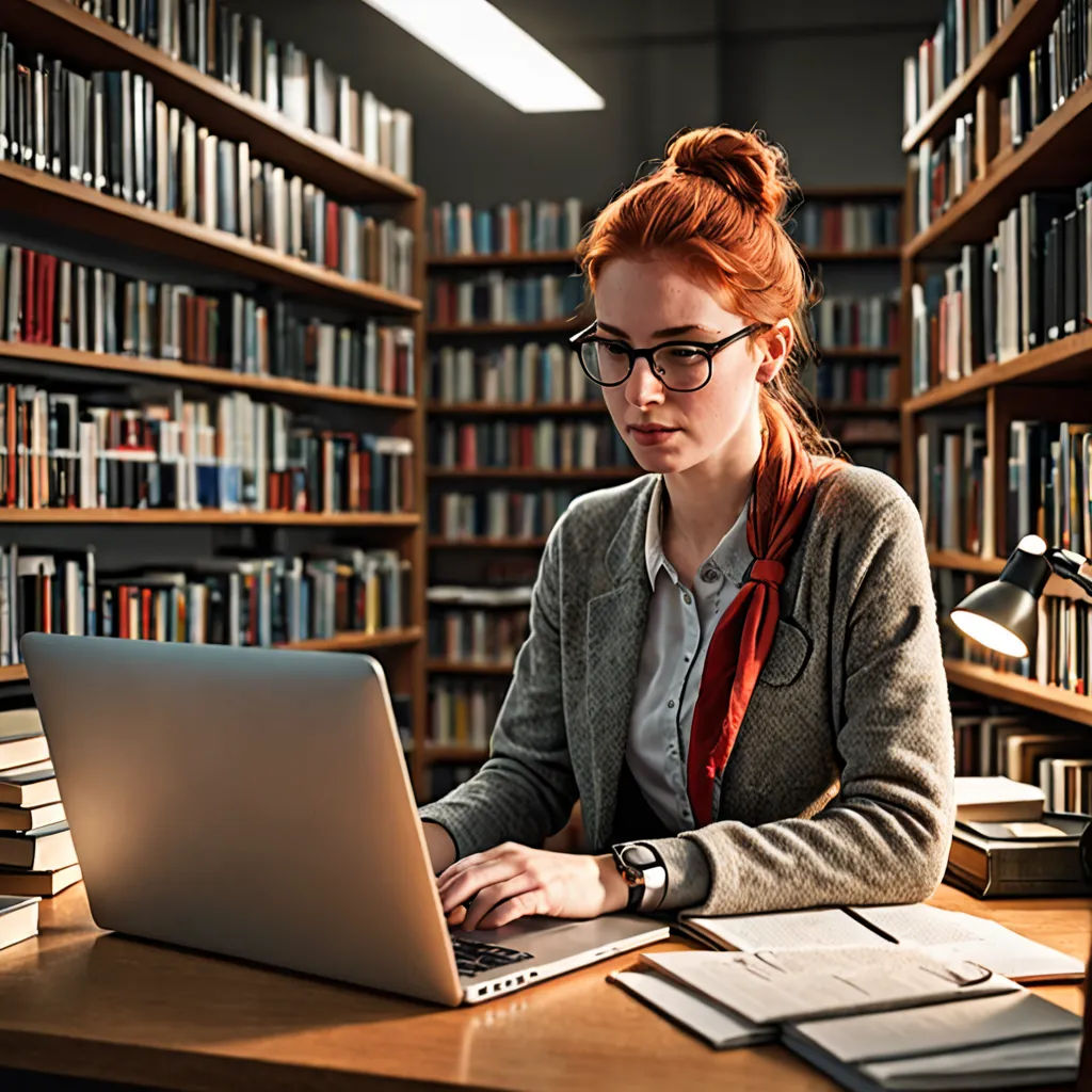 a woman sitting at a desk with a laptop in front of a bookcase full of books and books, academic art, a stock photo, Art & Language, hard focus