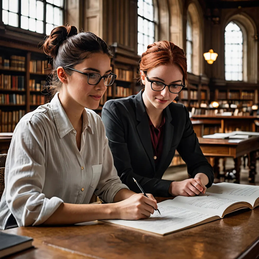 two women sitting at a table in a library writing on a book and one is holding a pen and paper, academic art, a stock photo, Enguerrand Quarton, professional photo