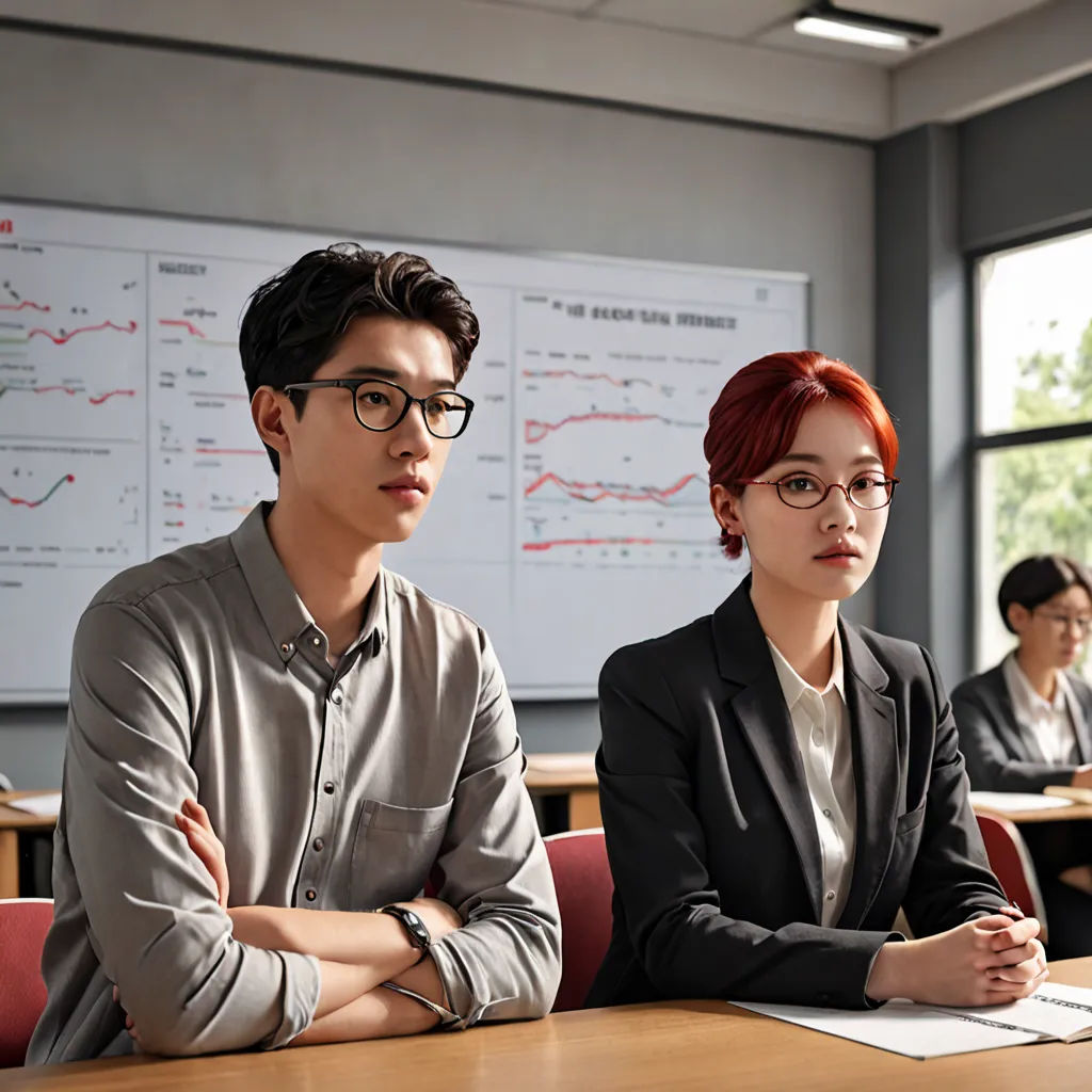 a man and woman sitting at a table in front of a projector screen with graphs on it and a man in a suit and tie, serial art, a stock photo, David Park, movie still