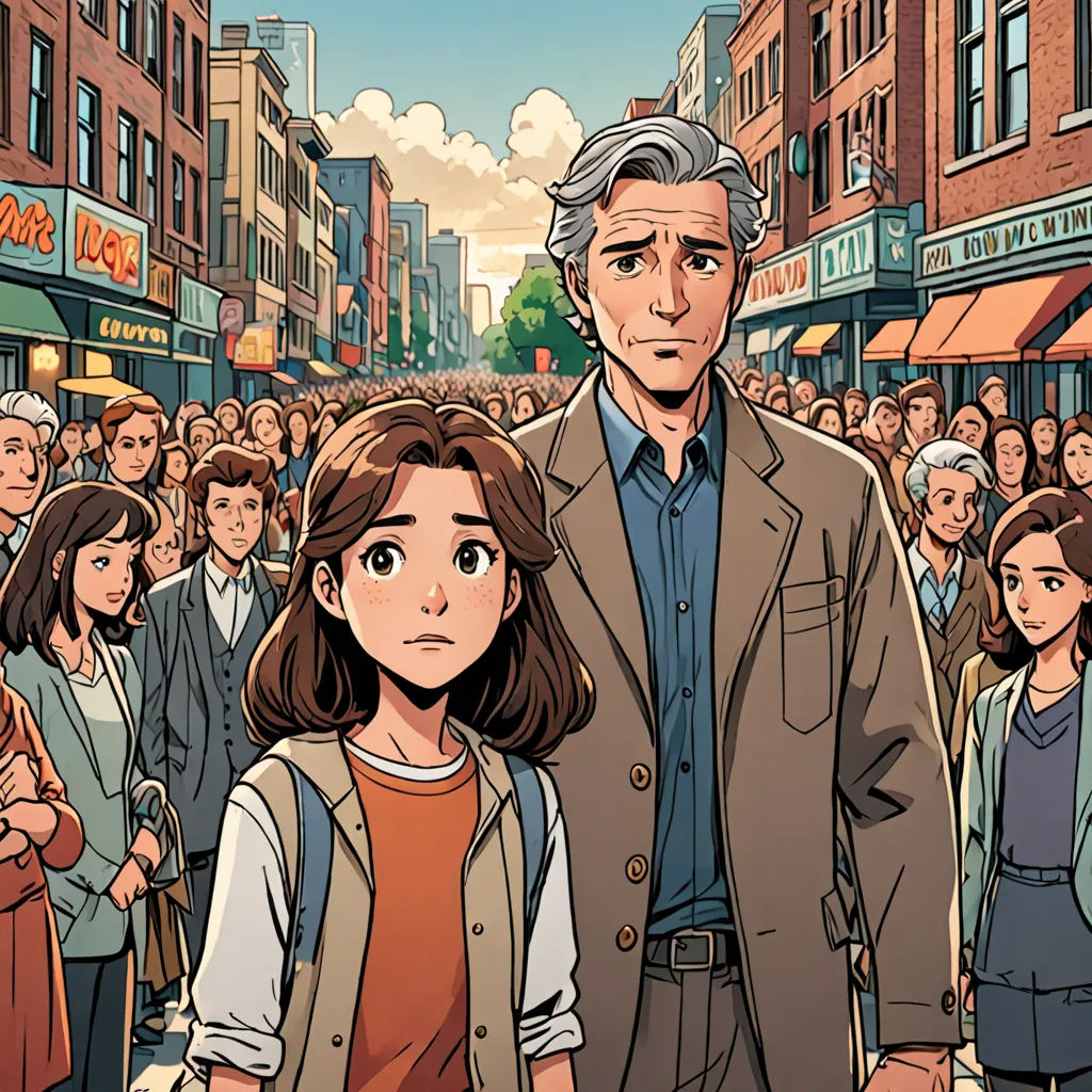 a man and a woman standing in front of a crowd of people in a city street with buildings and signs, a comic book panel, graphic novel, process art, Asaf Hanuka