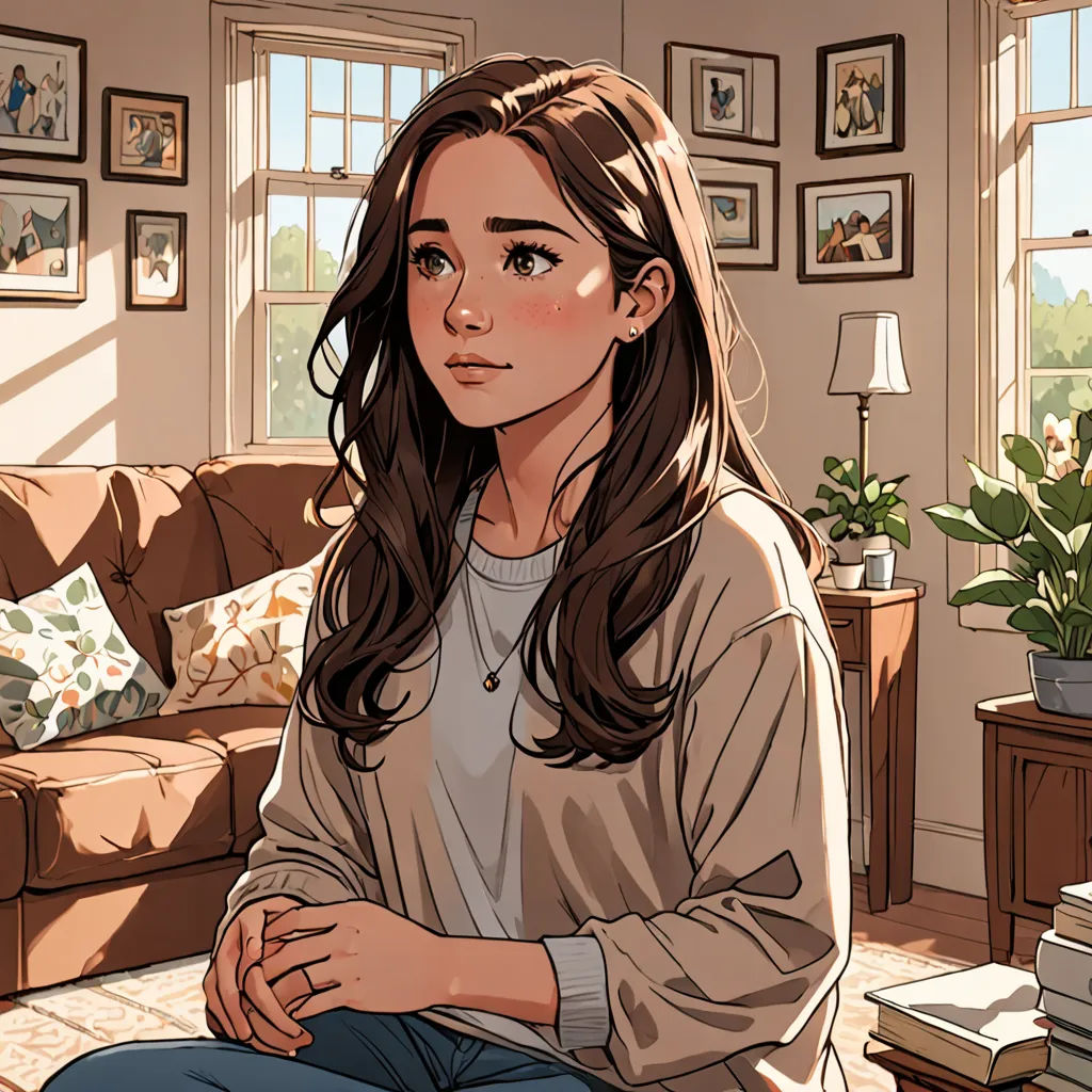 a woman sitting on a couch in a living room next to a window with a plant in it and a couch in the background, a comic book panel, rossdraws global illumination, american scene painting, Artgerm