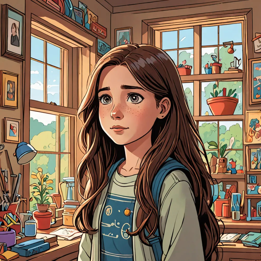 a girl in a room with a window and a desk with a computer on it and a potted plant, a storybook illustration, comic cover art, process art, Aaron Jasinski