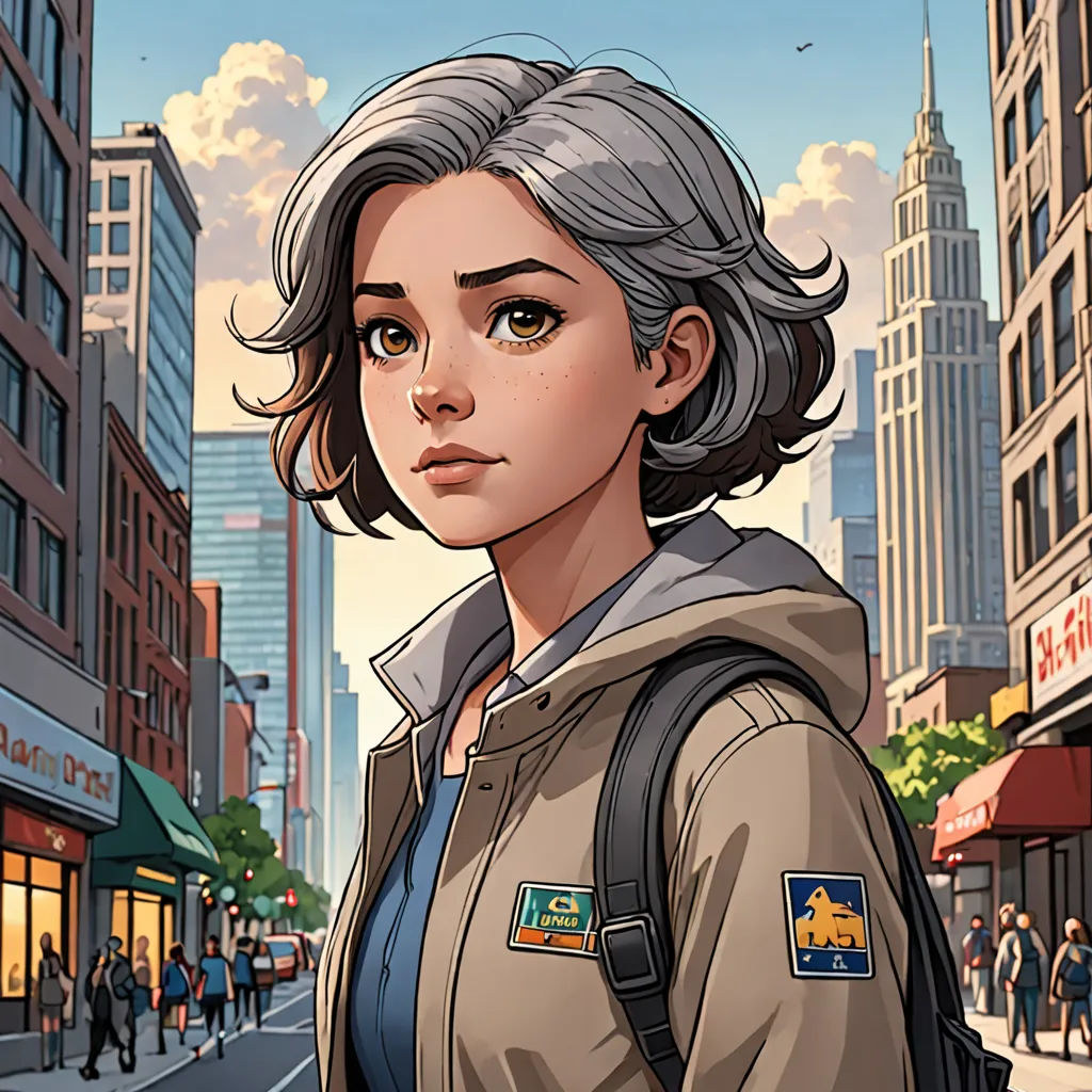 a woman with grey hair and a backpack on a city street with buildings in the background and a sky background, a character portrait, comic cover art, sots art, Artgerm