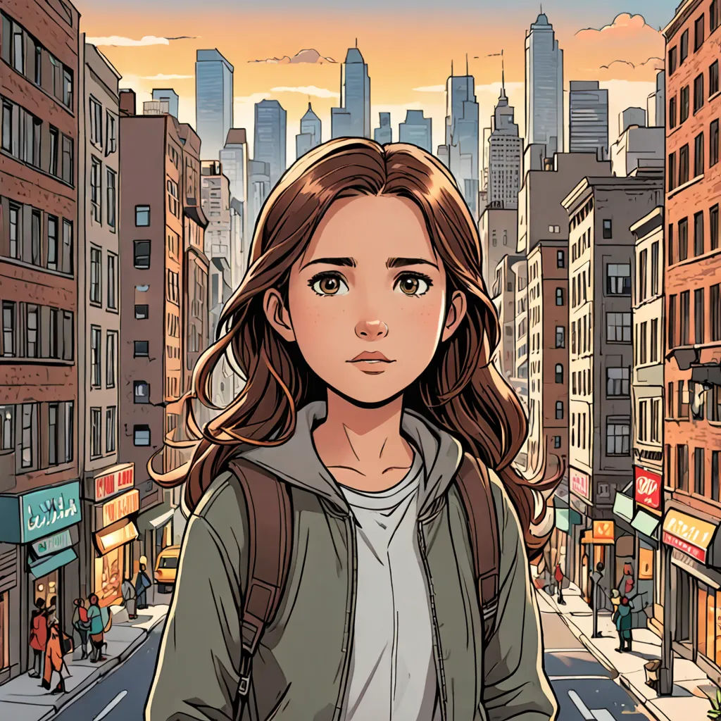 a girl in a city street with buildings and a street sign in the background, with a cityscape in the background, a comic book panel, graphic novel, process art, Asaf Hanuka