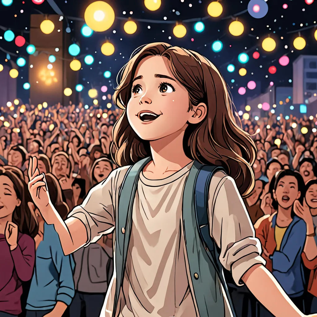 a woman standing in front of a crowd of people with a microphone in her hand and a crowd of people in the background, a comic book panel, official art, paris school, Asaf Hanuka
