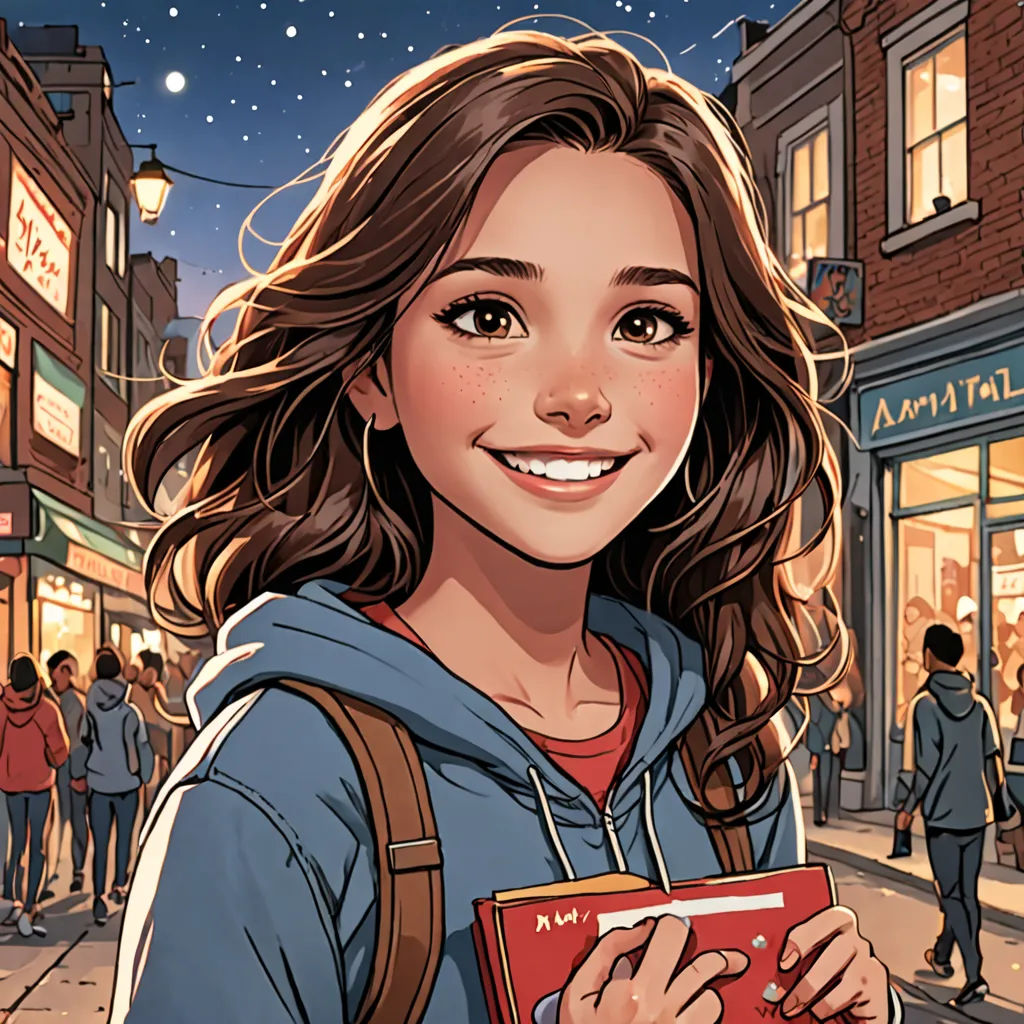 a girl is standing in front of a store with a book in her hand and a backpack on her shoulder, a comic book panel, comic cover art, photorealism, Artgerm