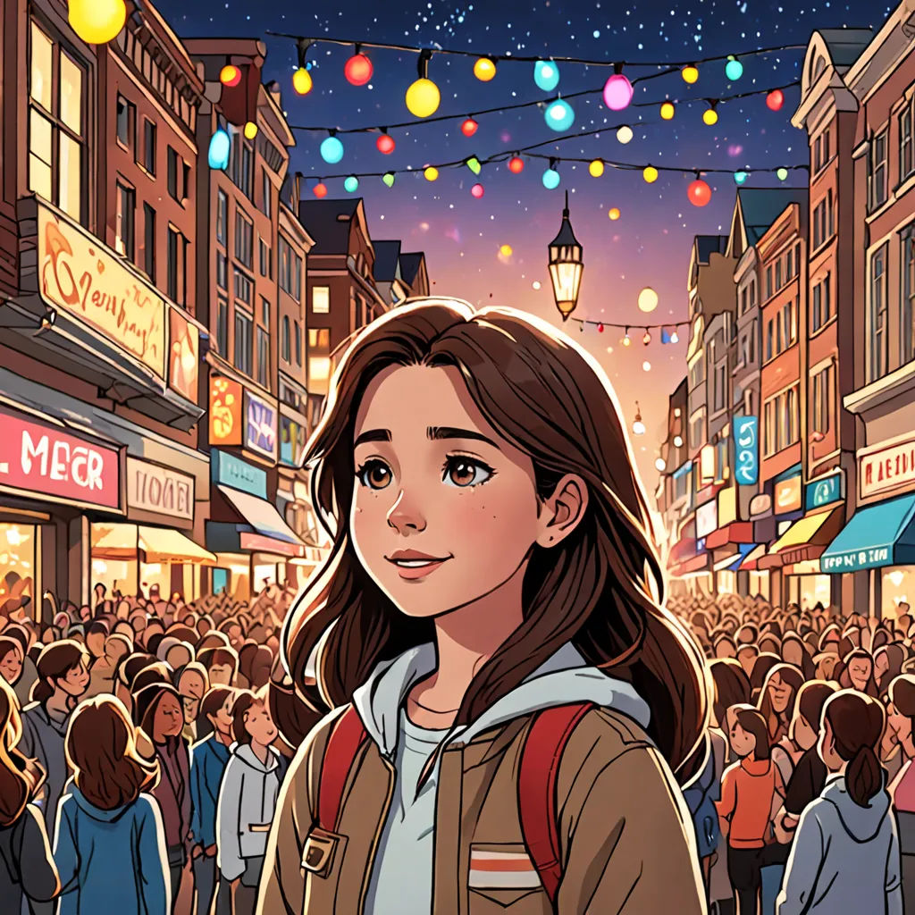 a girl standing in front of a crowd of people in a city at night with a street light in the background, a comic book panel, comic cover art, aestheticism, artist