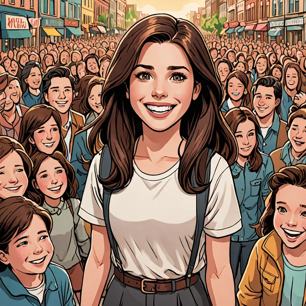 a woman standing in front of a crowd of people in a city with a smiling woman in the middle, a comic book panel, comic book, fantastic realism, Artgerm