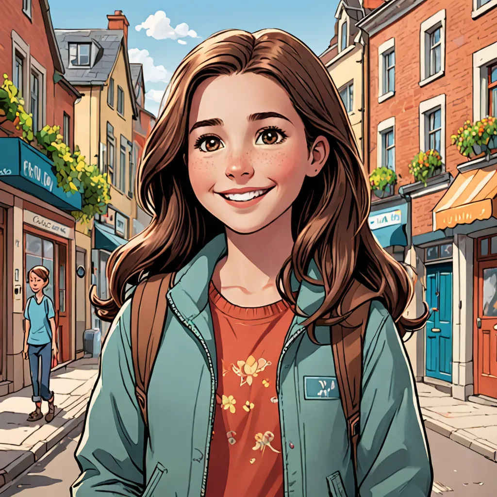 a girl in a blue jacket is standing on a street corner with a boy in the background and a building with a clock on it, a comic book panel, comic cover art, paris school, Cliff Childs