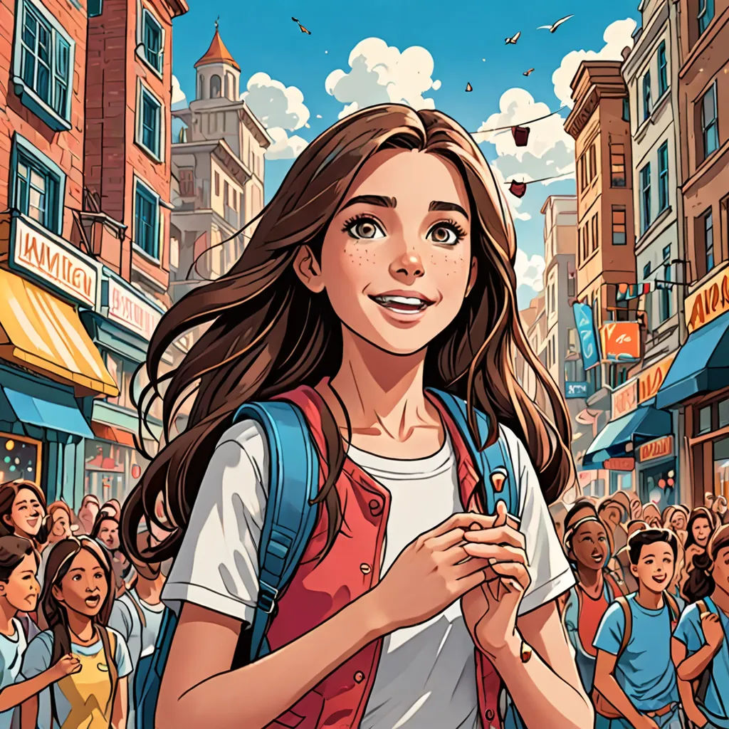 a woman with a backpack is walking through a crowd of people in a city with buildings and a clock, a comic book panel, comic cover art, american realism, Artgerm