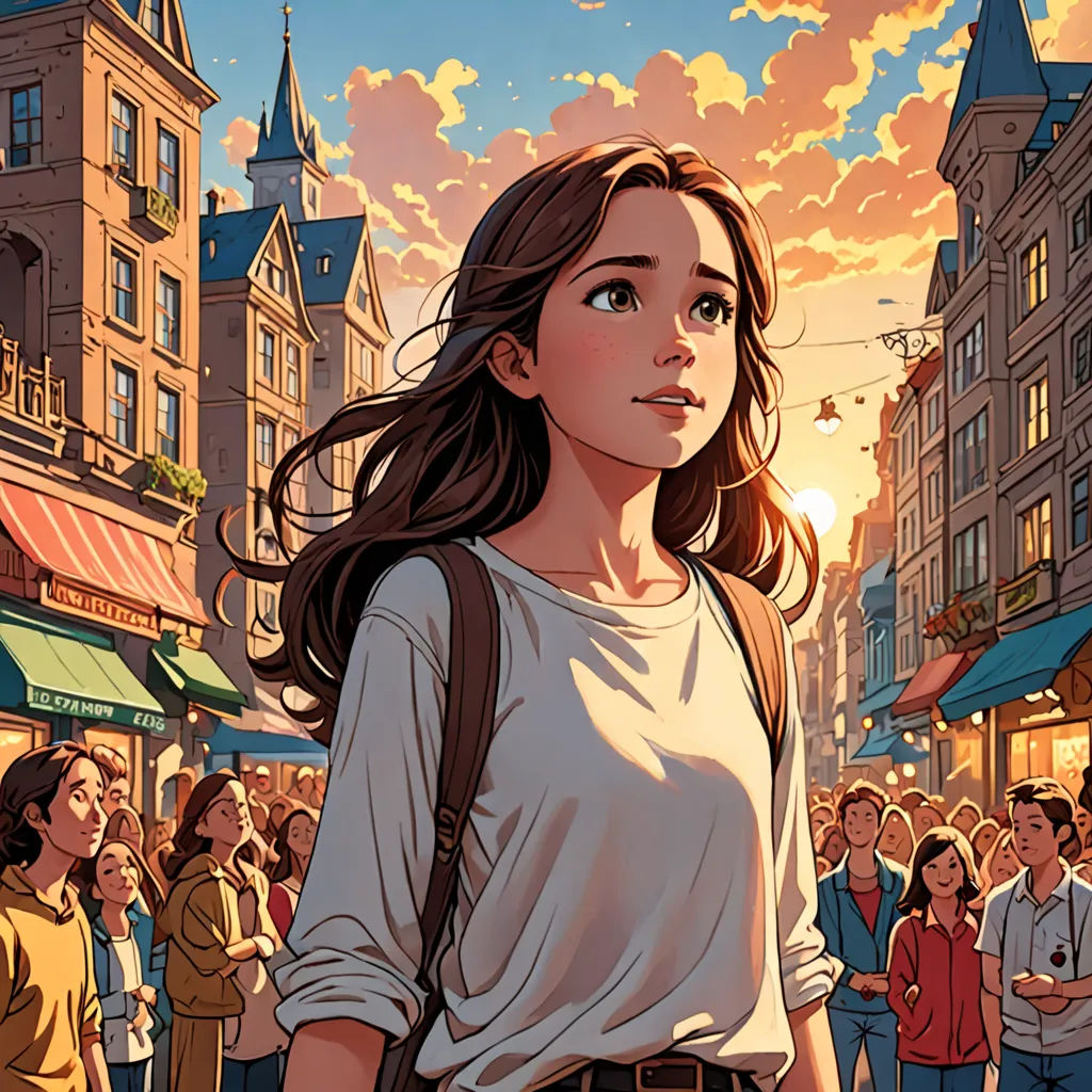 a woman standing in front of a crowd of people in a city at sunset with a sky background and a building, a comic book panel, rossdraws global illumination, fantasy art, Artgerm