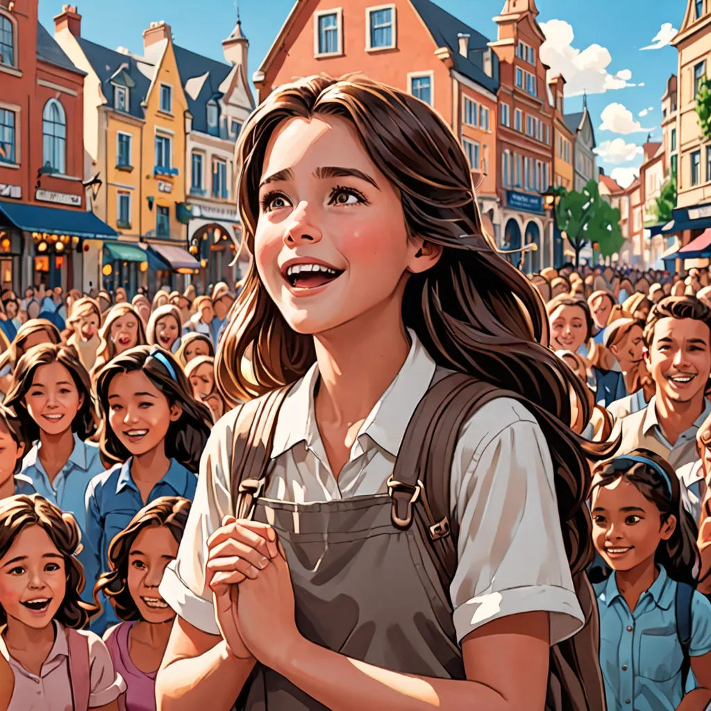 a woman standing in front of a crowd of people in a city with buildings and a sky background with a sky background, a storybook illustration, official art, magical realism, disney
