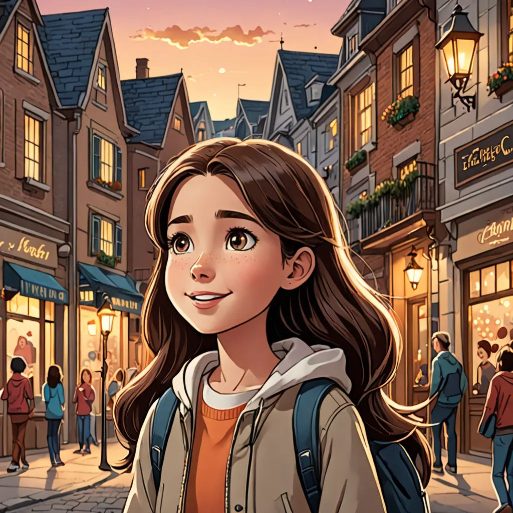 a girl is standing in front of a street with a lot of people on it and a street light, a comic book panel, kinkade, magical realism, disney