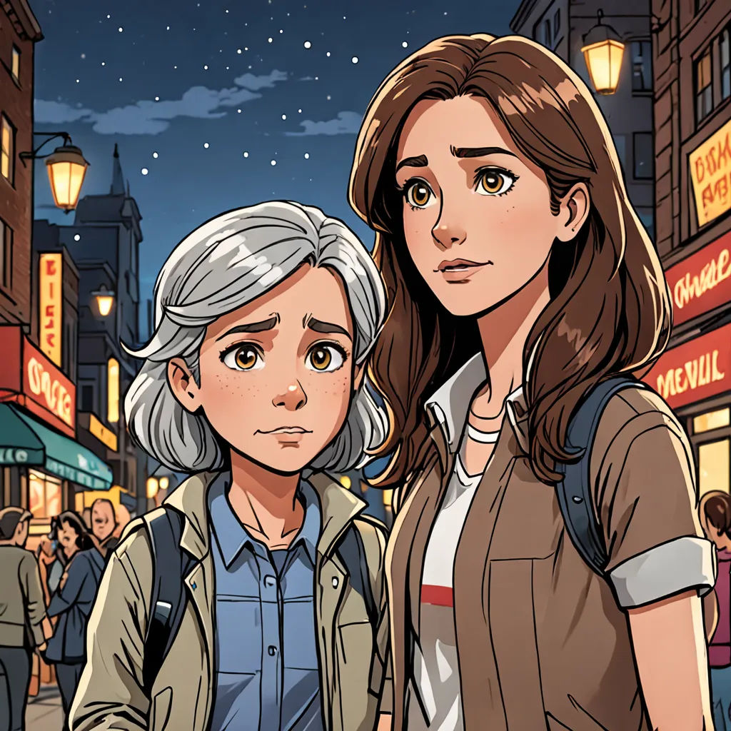 a couple of people standing next to each other on a street at night with a sky background and a street light, a comic book panel, comic cover art, serial art, Cliff Childs