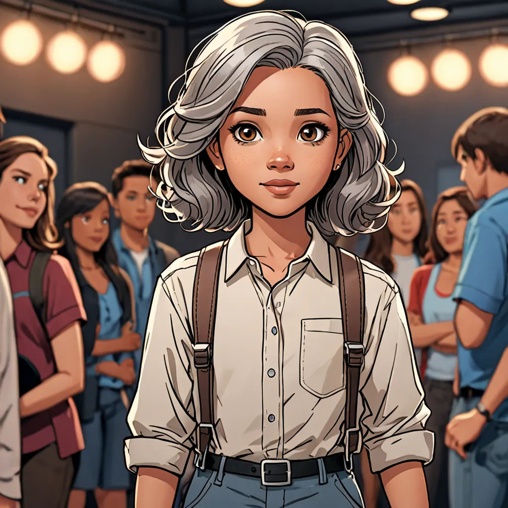a cartoon of a woman standing in front of a group of people in a room with lights on the ceiling, a character portrait, official art, paris school, Artgerm