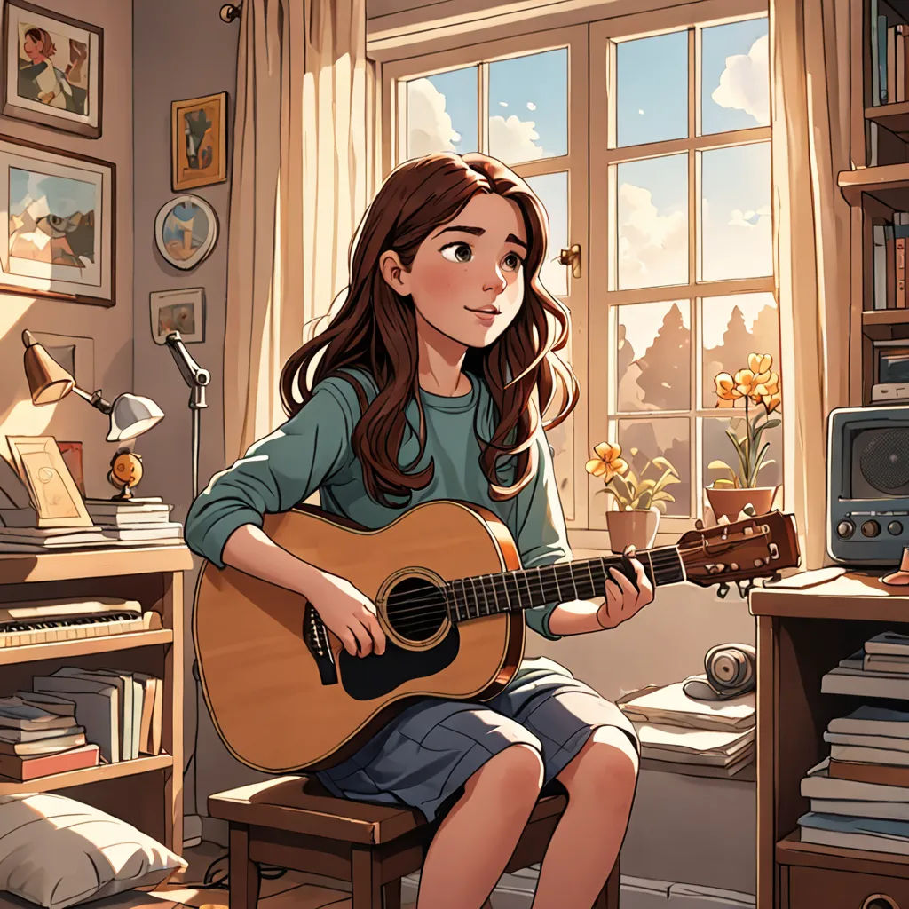 a girl sitting in a chair playing a guitar in a room with a window and a desk with a computer, a storybook illustration, rossdraws global illumination, photorealism, Atey Ghailan