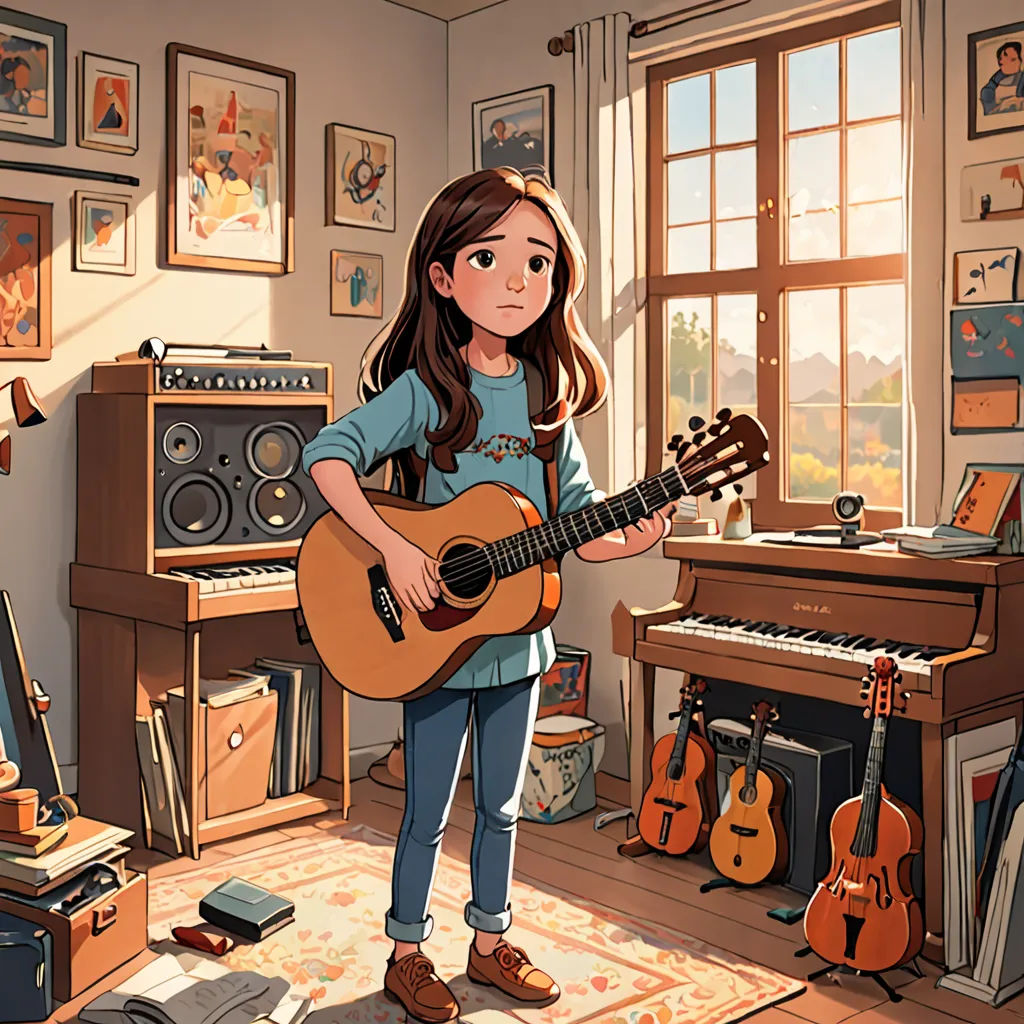 a girl playing a guitar in a room with a piano and a piano keyboard in front of a window, a storybook illustration, rossdraws global illumination, american scene painting, Cliff Childs