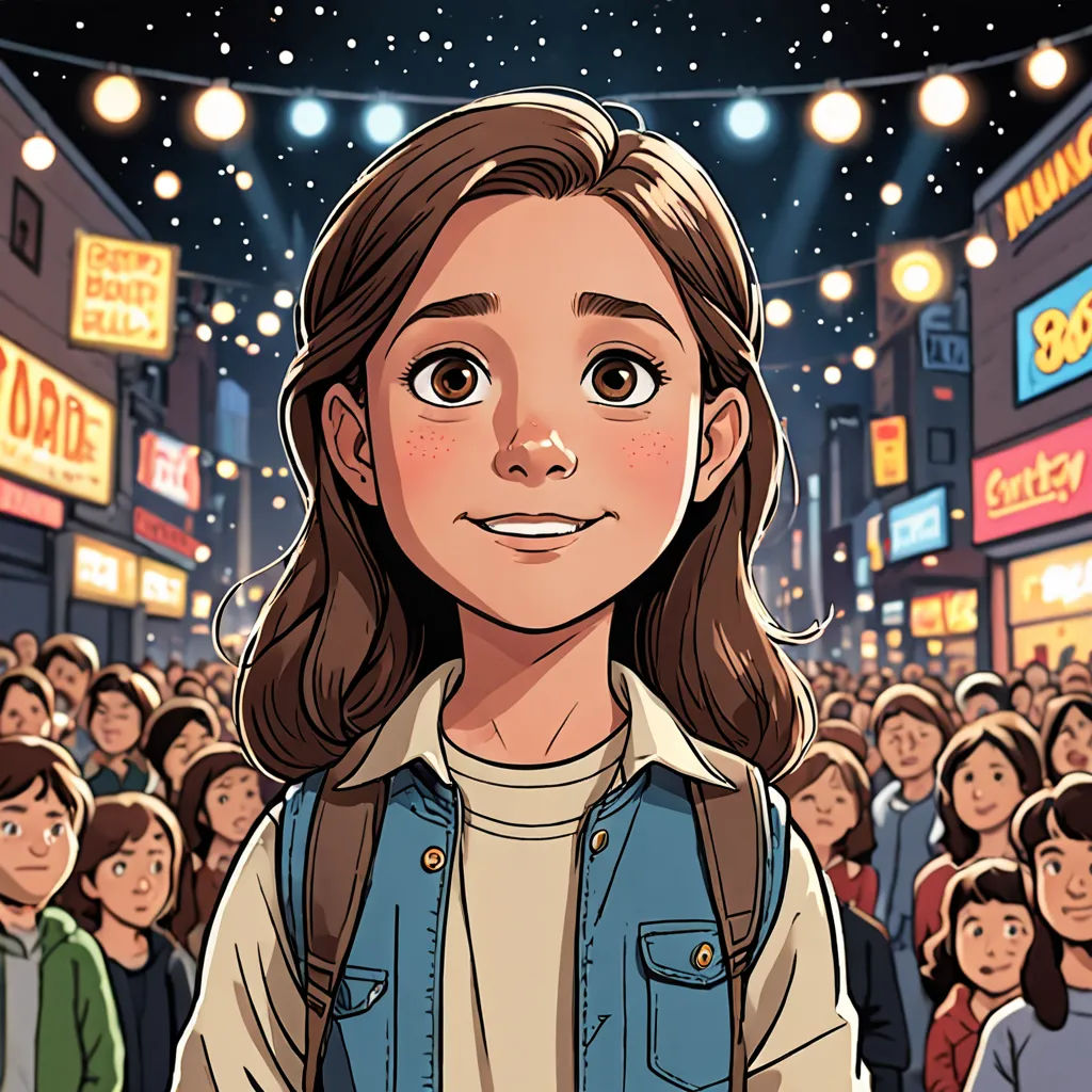 a cartoon of a girl in a crowd of people in a mall with a star wars theme on the wall, a comic book panel, comic cover art, magical realism, Cliff Childs