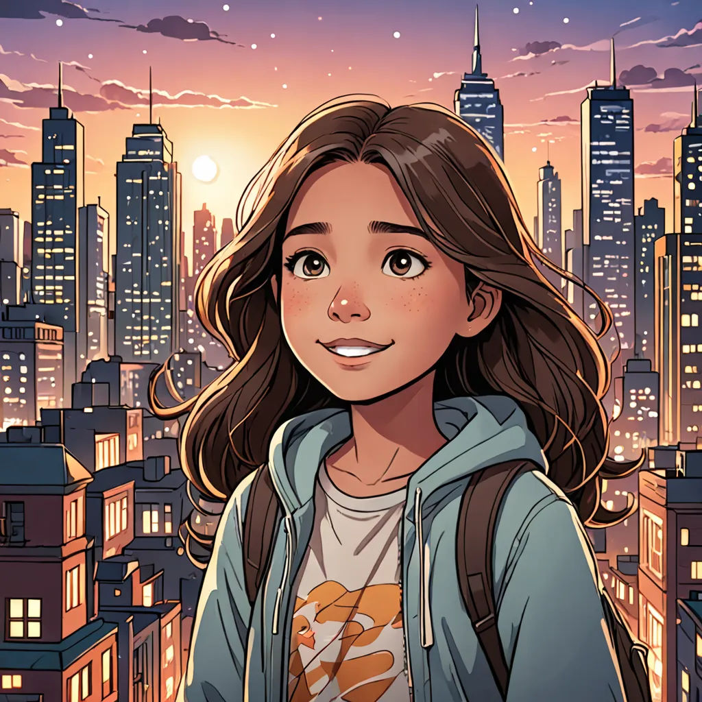 a girl with a backpack standing in front of a city skyline at night with the sun setting on the horizon, a comic book panel, comic cover art, paris school, Artgerm