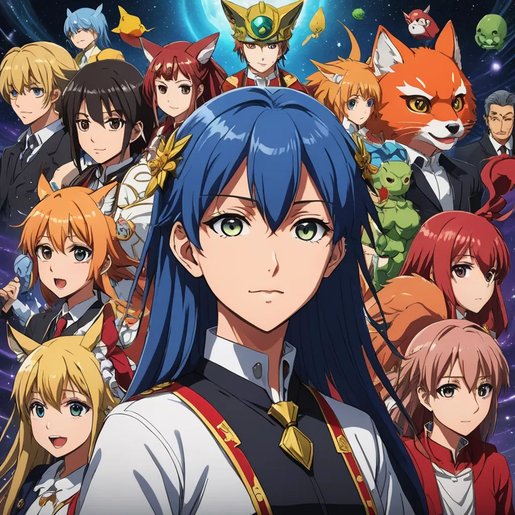 a group of anime characters with blue hair and cats in the background of a space scene with stars and planets, rayonism, a poster, Ai-Mitsu, official art