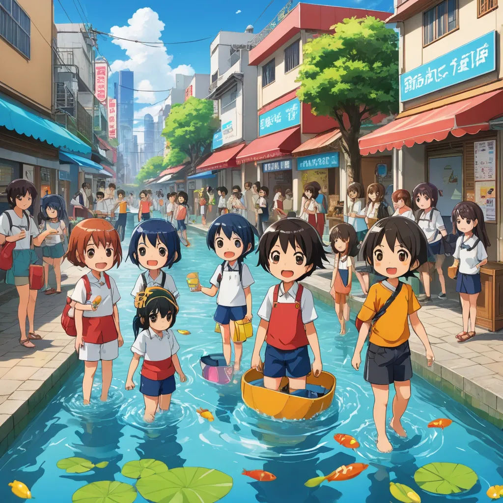 a group of children standing in a river in a city with a crowd of people watching them from the water, context art, a detailed matte painting, disney, kyoto animation