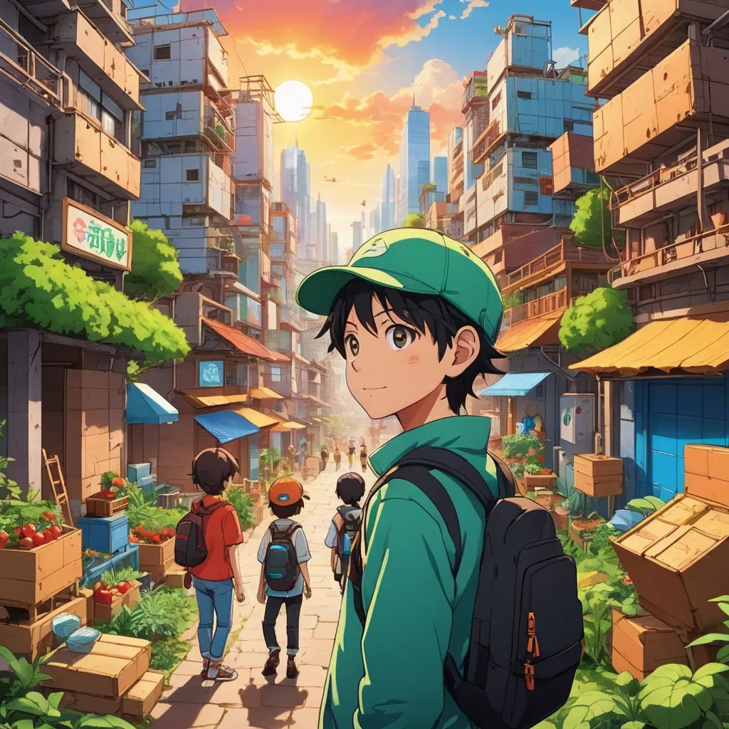 a man in a green hat and backpack standing in front of a cityscape with people walking around, rayonism, poster art, Ai-Mitsu, anime key visual