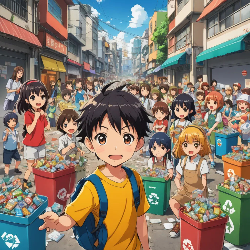 a boy standing in front of a crowd of people with trash cans in front of him and a woman standing in front of him, environmental art, poster art, Aya Goda, official art