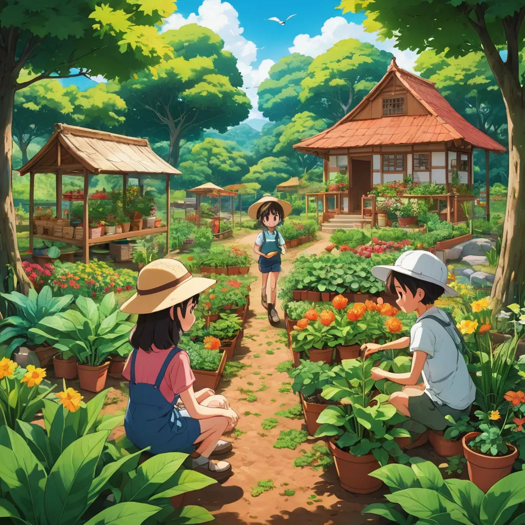 a group of people in a garden area with flowers and trees in the background and a woman in a hat, environmental art, a storybook illustration, Cedric Seaut (Keos Masons), official art