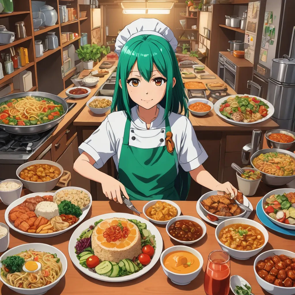a woman in a green apron standing in front of a table full of food and drinks in bowls and plates, dau-al-set, concept art, Aya Goda, official art