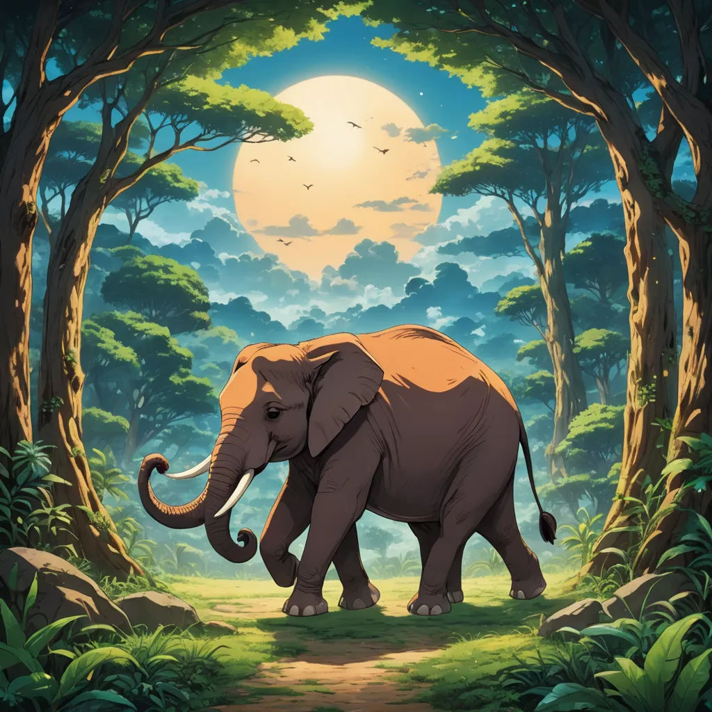 an elephant walking through a forest with a full moon in the background and trees around it, with a path leading to the elephant, fantasy art, a detailed matte painting, Chris LaBrooy, official art