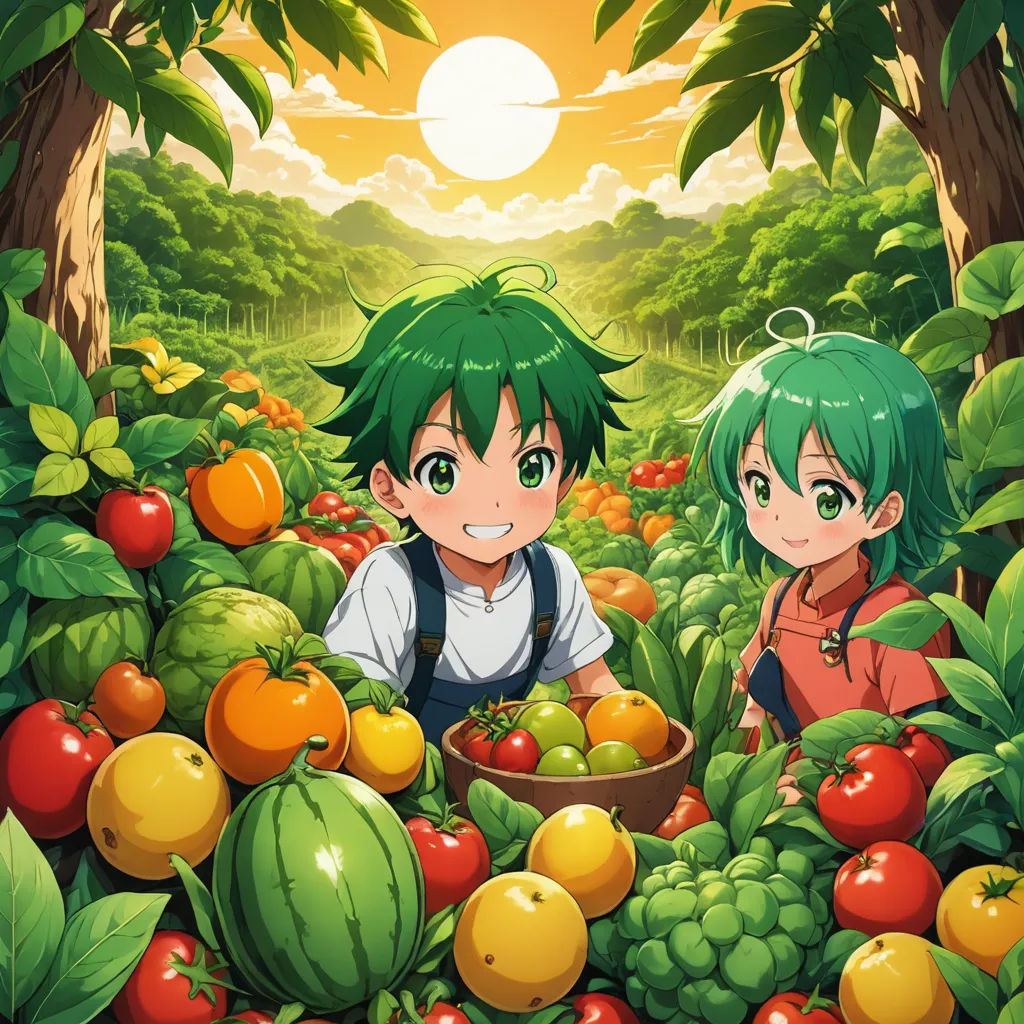 two anime characters in a field of vegetables and fruits with a setting sun in the background, with a forest of trees and bushes, lyco art, an album cover, Aya Goda, official art