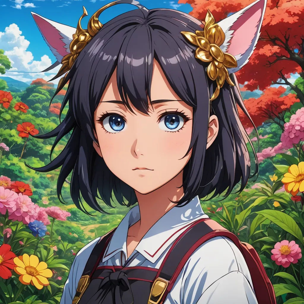 a girl with a cat ears and a backpack in front of flowers and trees with a sky background with clouds, sots art, a character portrait, Ai-Mitsu, official art