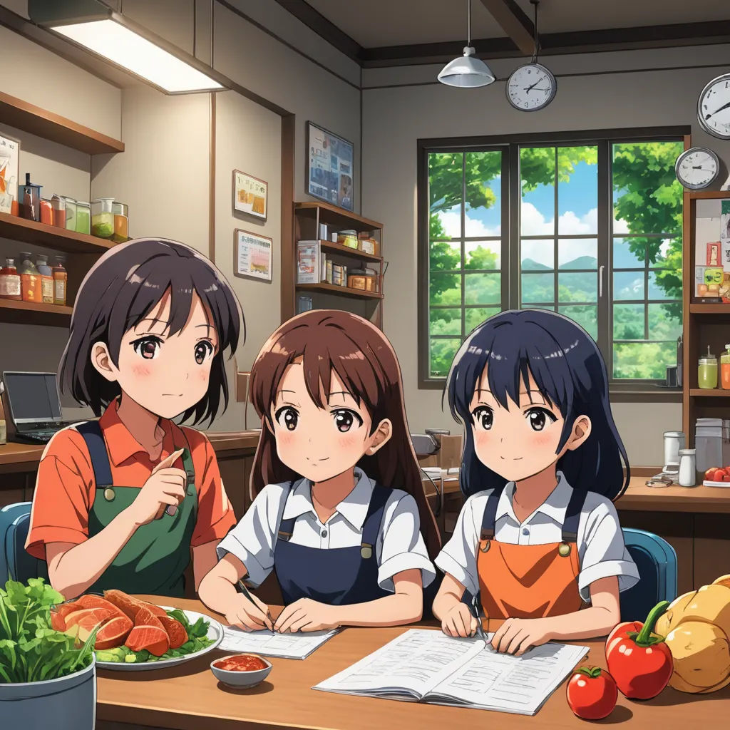three girls sitting at a table with a menu in front of them and a clock in the background behind them, socialist realism, computer graphics, Bourgeois, official art