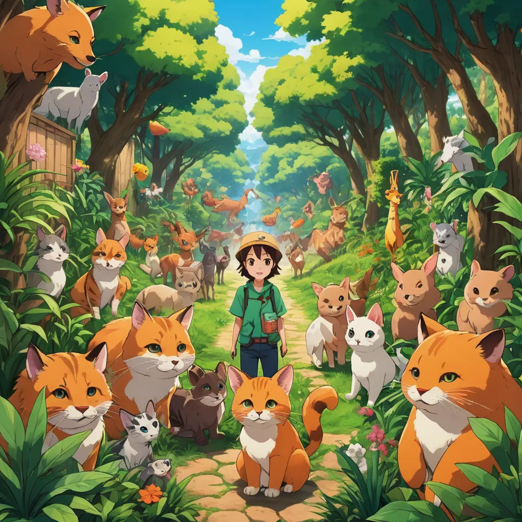 a woman standing in front of a forest filled with cats and other animals, with a forest scene in the background, furry art, poster art, David Brewster, official art