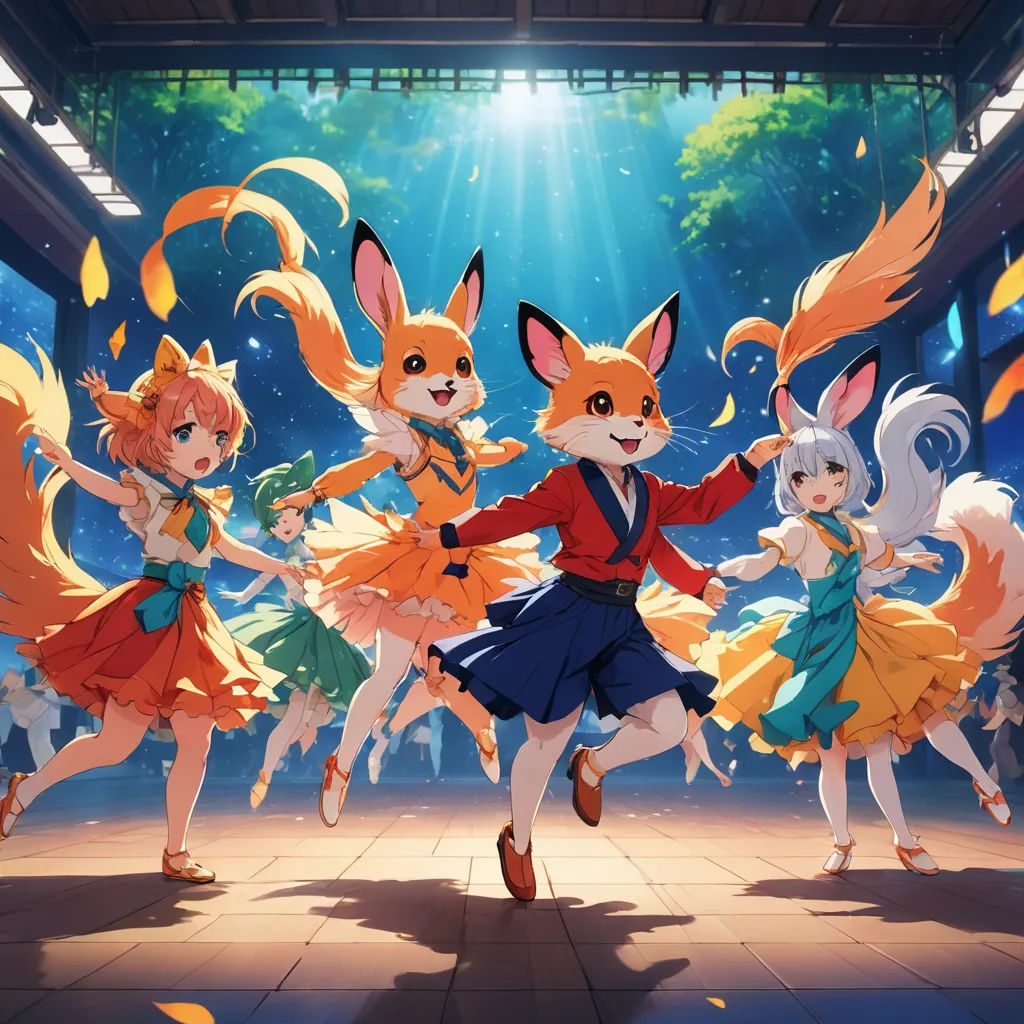 a group of anime characters dancing in a dance hall with a background of trees and a sky with bright beams, furry art, concept art, Baiōken Eishun, official art