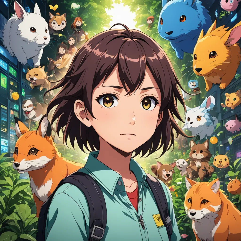 a girl with a backpack standing in front of a bunch of animals and plants in the background of a poster, furry art, poster art, Ai-Mitsu, official art
