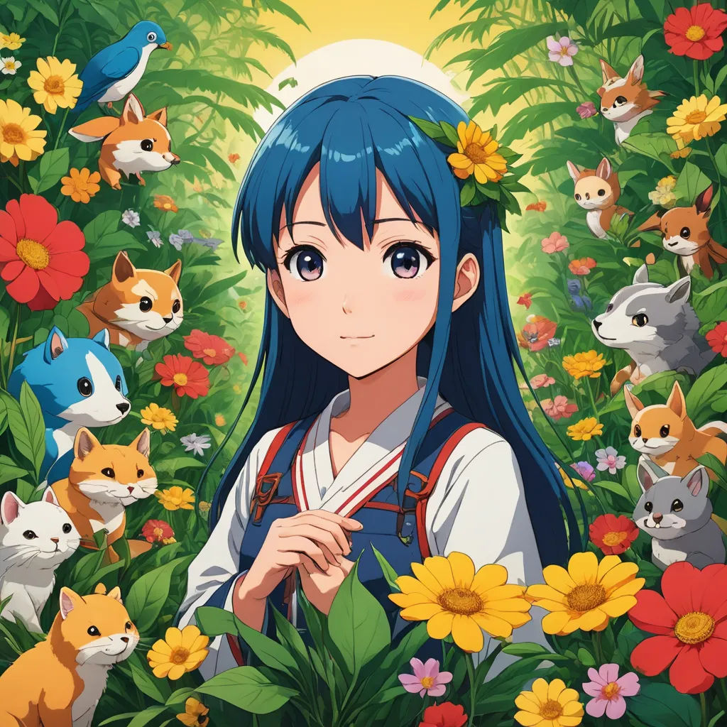 a girl with blue hair standing in a field of flowers and cats in the background of a forest with sunflowers, aestheticism, an album cover, Ai-Mitsu, official art