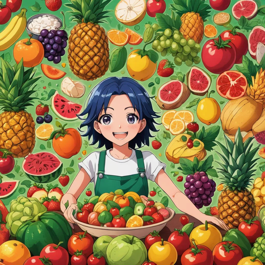 a girl surrounded by fruits and vegetables in a field of them is smiling at the camera and holding a bowl of fruit, lyco art, poster art, Aya Goda, official art